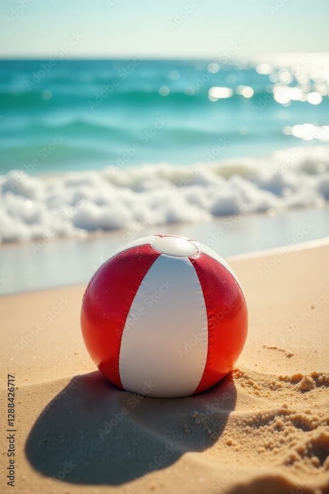 Sun-bleached beach ball rests on warm sand near ocean waves , blue, tropical Sun-bleached beach ball rests on warm sand near ocean waves , blue, tropical