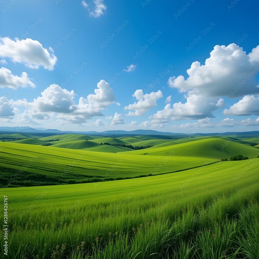 Naklejka premium Vast green field stretches under vibrant blue sky. Fluffy white clouds drift across clear blue sky. Rolling hills suggest serene countryside landscape. Perfect for nature lovers, seeking images of