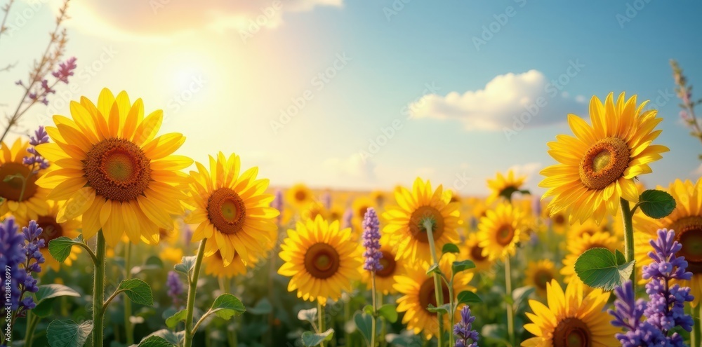 Fototapeta premium Sun-drenched sunflowers, lavender accents, soft texture, wallpaper, sunflowers, summer