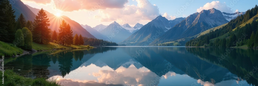 Sunlit Tatra peaks reflected in pristine lake, sky, nature, idyllic Sunlit Tatra peaks reflected in pristine lake, sky, nature, idyllic