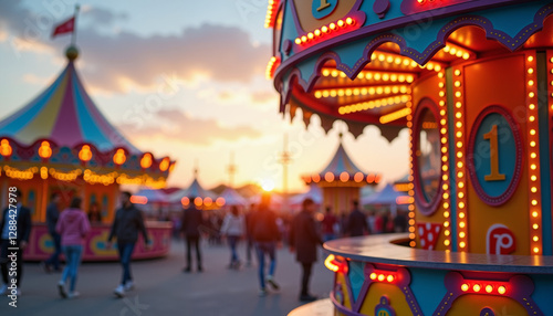 Colorful carnival scene with bright lights at sunset