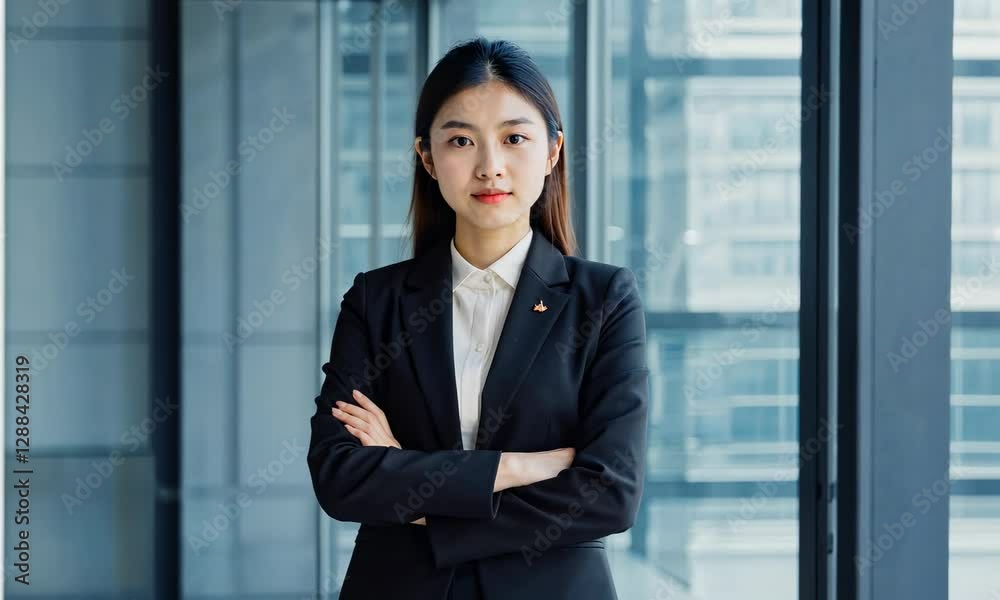 Standing Asian Businesswoman in Formal Wear Posing Confidently in Office Standing Asian Businesswoman in Formal Wear Posing Confidently in Office