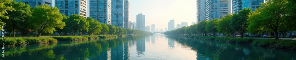 Tranquil river reflecting towering glass buildings, vibrant greenery, green, cityscape, view Tranquil river reflecting towering glass buildings, vibrant greenery, green, cityscape, view