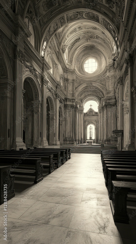 Obraz premium Serene church interior, sunlight streams through high window.