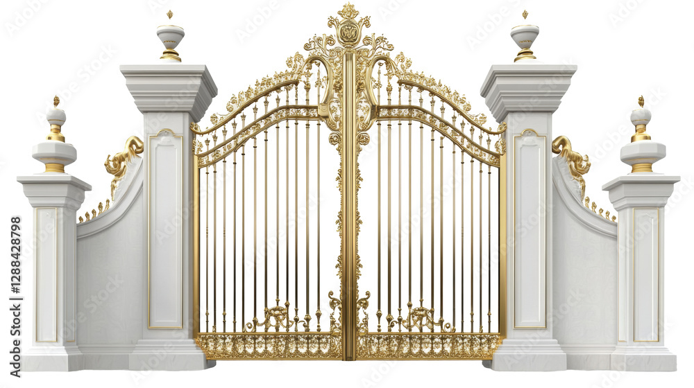 Fototapeta premium Elegant white and gold gate design with transparent background png format architectural element luxury environment front view