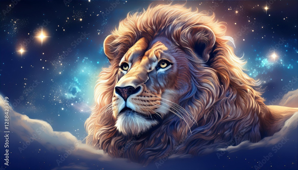 Majestic lion resting among the stars in a cosmic dreamscape Majestic lion resting among the stars in a cosmic dreamscape