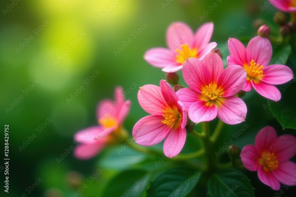 Fototapeta premium Vibrant pink & yellow blooms, lush green backdrop, green background, background