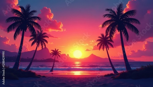 Vibrant sunset hues paint LA skyline; palm trees frame the scene, sun, aesthetic, sunset