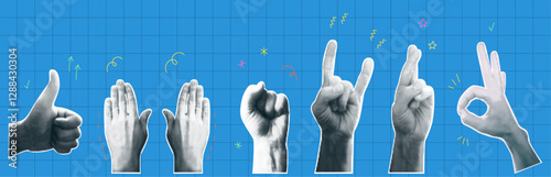 Set of hands expressing communication and emotions in halftone style. Pop art dotted thumbs up, praying hands, fist, rock sign, crossed fingers, OK sign with doodles on blue grid background. 