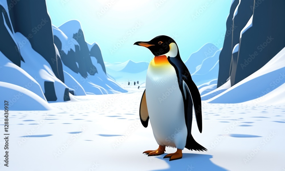 Obraz premium Majestic emperor penguin in snowy antarctic landscape surrounded by ice and mountains