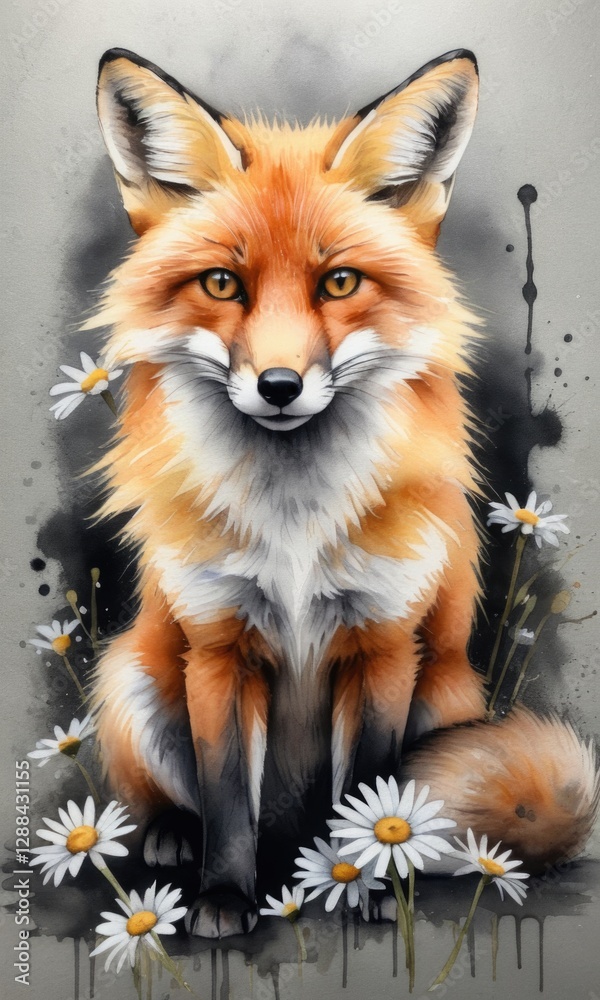 Obraz premium Charming watercolor fox surrounded by daisies: nature art with wildlife grace