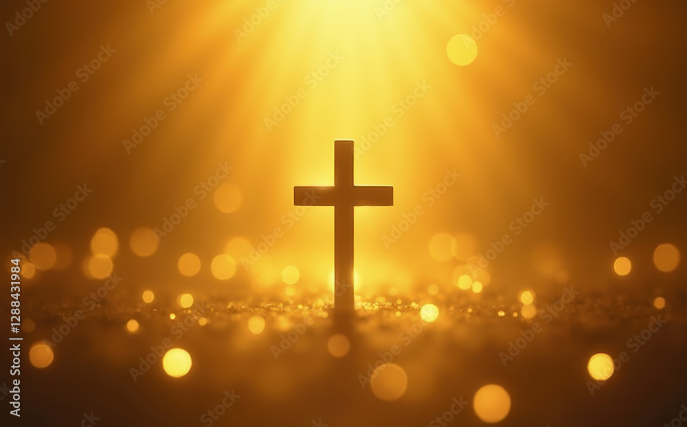 dark cross on a warm yellow background with bokeh effect dark cross on a warm yellow background with bokeh effect