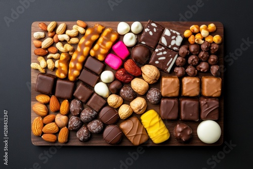 Gourmet Confectionery Display Artisanal Wooden Board with Assorted Caramels and Nuts - Elevate Dessert Presentation for Upscale Events and Food Styling Excellence photo