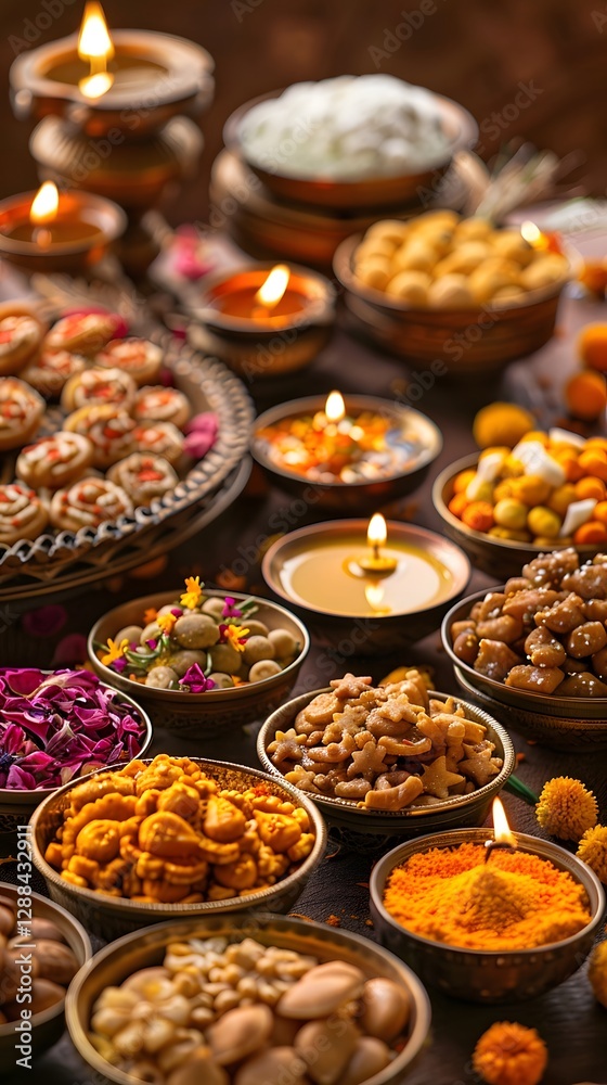 Festive Feast: A captivating composition of traditional Indian sweets and delicacies, meticulously arranged and illuminated by the warm glow of candles. Festive Feast: A captivating composition of traditional Indian sweets and delicacies, meticulously arranged and illuminated by the warm glow of candles.