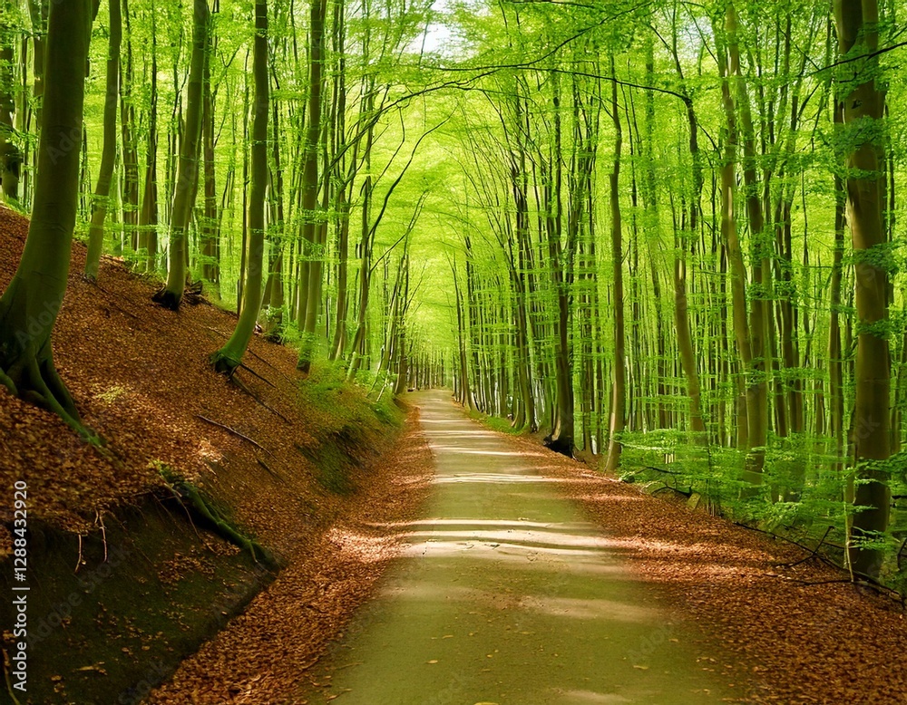Fototapeta premium Golden Sunlight Through Emerald Leaves, A Whispering Breeze in Timeless Trees.