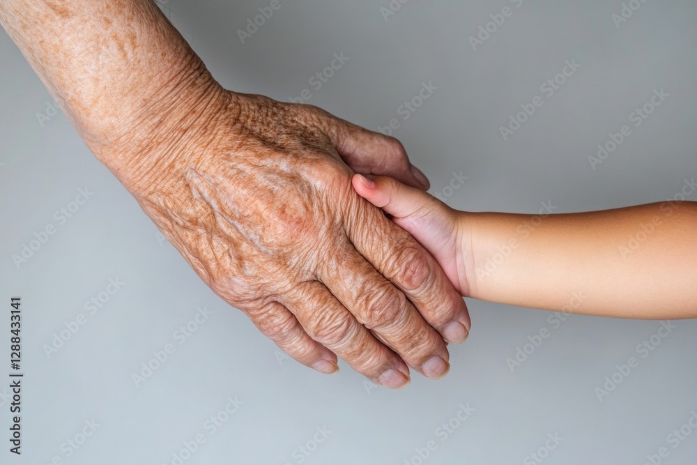 Fototapeta premium Intergenerational Connection Close-Up of Elderly and Young Hands in Soft Lighting - Symbolizing Trust and Legacy for Family Marketing and Compassionate Healthcare Design