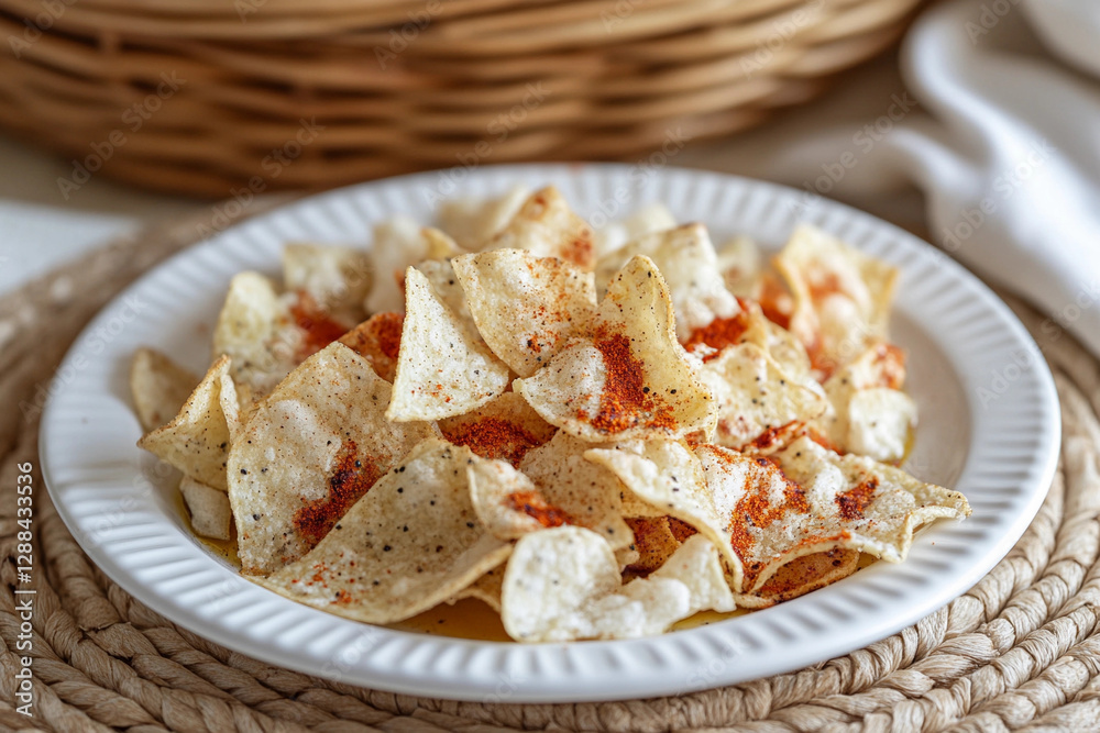 Crispy olive oil baked chips seasoned with spices in a rustic kitchen setting Crispy olive oil baked chips seasoned with spices in a rustic kitchen setting