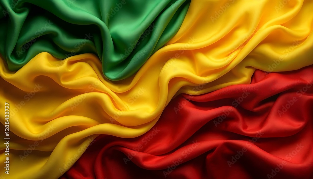 Obraz premium Waving Colorful Fabric in Green Yellow Red.Mali National Flag: Vibrant Tricolor Fabric Billowing in Sunlight