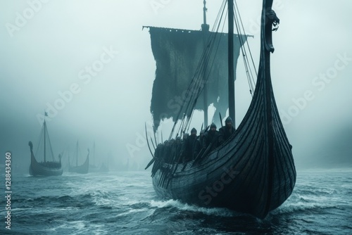 Viking ships navigating through foggy waters at dawn with crew members on board preparing for their journey photo