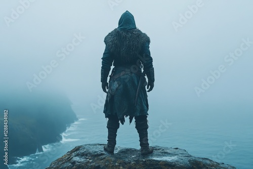 Mysterious figure gazes over the misty ocean from a rugged cliff at dawn photo