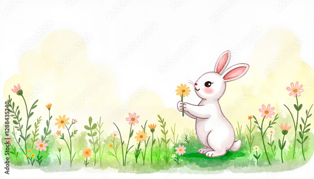 Fototapeta premium Cute white bunny sniffing a flower in a flower meadow, innocence