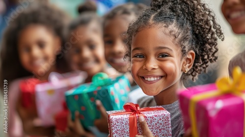 Children receiving donated gifts at a charity drive