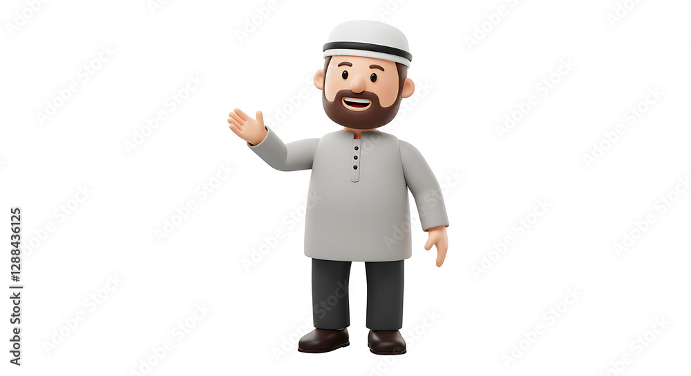 Cartoon Muslim Man Standing and Waving with Traditional Cap and Beard Cartoon Muslim Man Standing and Waving with Traditional Cap and Beard