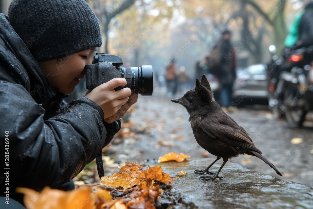 Fototapeta premium Young photographer captures a close-up moment with a curious bird on a misty autumn street