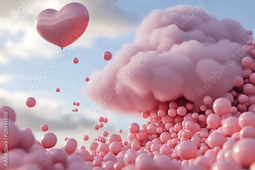 Dreamy pink cloud with heart shaped balloon and playful spheres, evoking feelings of love and whimsy in a vibrant, romantic atmosphere