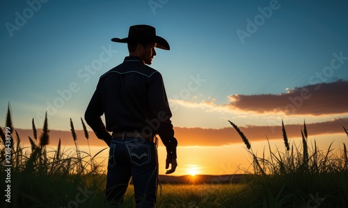 Cowboy silhouette at sunset in a serene field