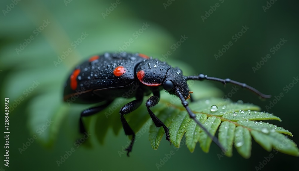 Fototapeta premium beetle on leaf with dew drops, macro photography, in tropical rainforest, realistic