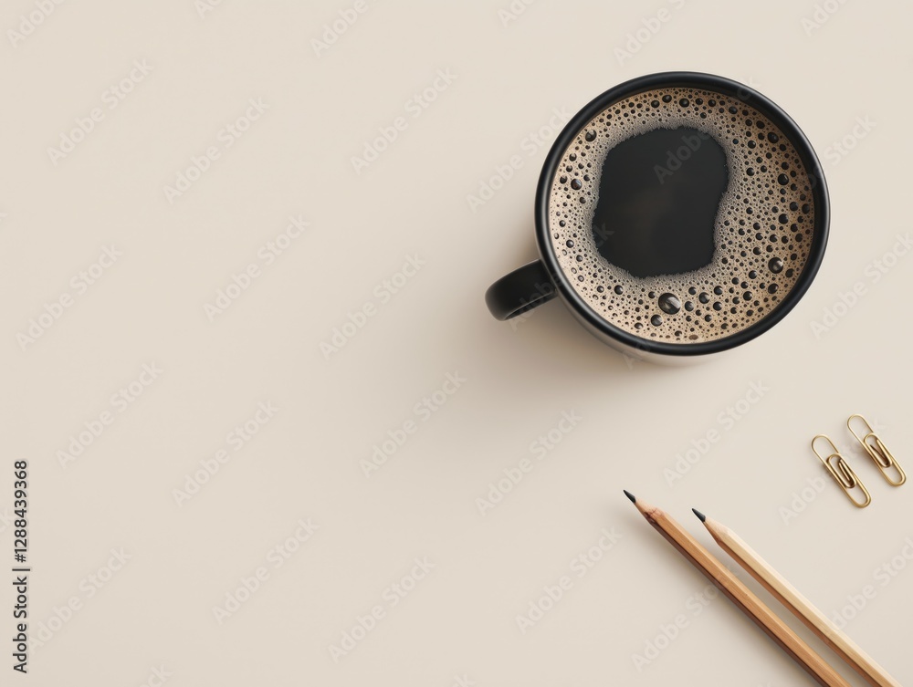Minimalist Flat Lay Scene: Black Coffee Mug, Paperclips, and Pencil with Cinematic Soft Lighting. Minimalist Flat Lay Scene: Black Coffee Mug, Paperclips, and Pencil with Cinematic Soft Lighting.