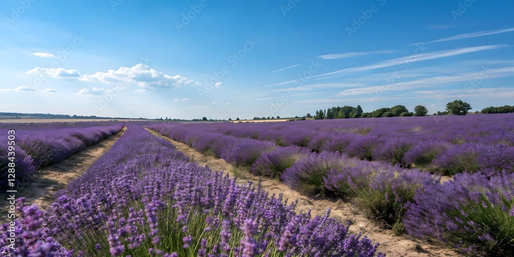 Fototapeta premium Serene Lavender Fields under a Summer Sky. Tranquil purple blooms stretch to the horizon.