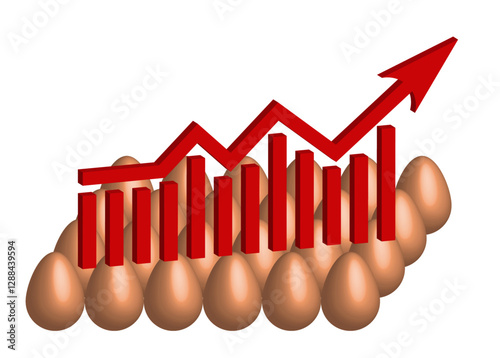 3d red business bar graph chart and growing up arrow on brown yellow eggs background. Retail industry. Bird flu. Inflation concept. Crisis. Consumer price index. Stock Market. Grocery Store. Vector