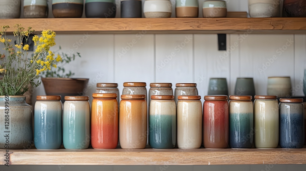 Ceramic spice jars in gradient arrangement, modern pantry organization, matte glaze variation, even diffused light, and muted spice colors, displayed on open shelving. Ceramic spice jars in gradient arrangement, modern pantry organization, matte glaze variation, even diffused light, and muted spice colors, displayed on open shelving.