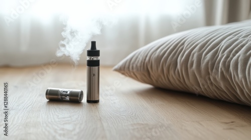 Vaping device on a light wood surface with a soft, plush pillow nearby. Featuring comfort and simplicity