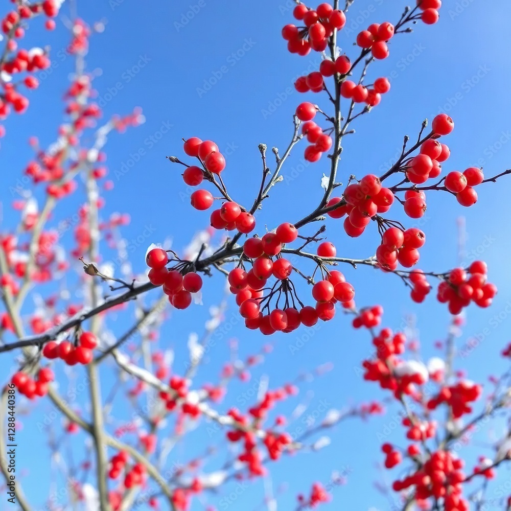 A tree in the background with branches covered in bright red berries, against an icy blue sky, cold, snowy sky, nature A tree in the background with branches covered in bright red berries, against an icy blue sky, cold, snowy sky, nature