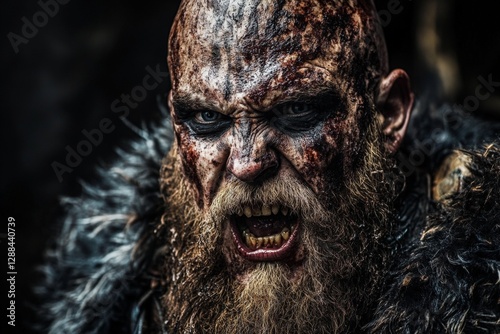 Intense medieval warrior with battle scars prepares for combat in a dark environment