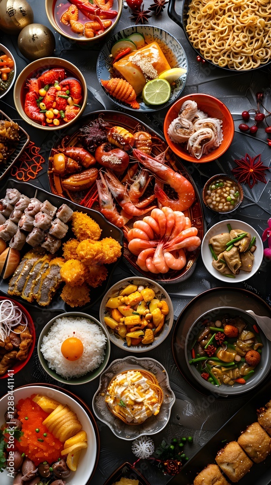 Fototapeta premium Culinary Feast: A vibrant, overhead view of a diverse array of delicious, beautifully arranged dishes, perfect for showcasing culinary excellence. 
