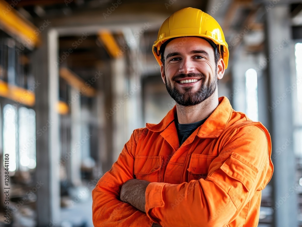 Confident Construction Worker in Safety Gear Smiling at Construction Site Confident Construction Worker in Safety Gear Smiling at Construction Site