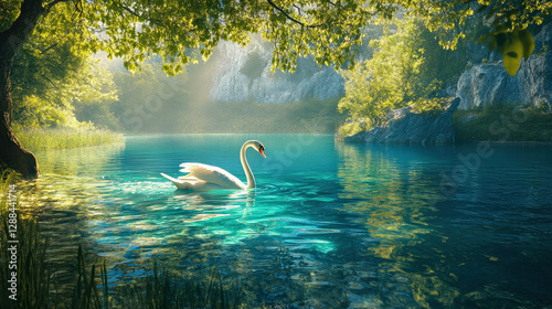 Fototapeta Naklejka Na Ścianę i Meble -  serene lake with graceful swan gliding through crystal clear waters, surrounded by lush greenery and rocky cliffs, creating magical atmosphere