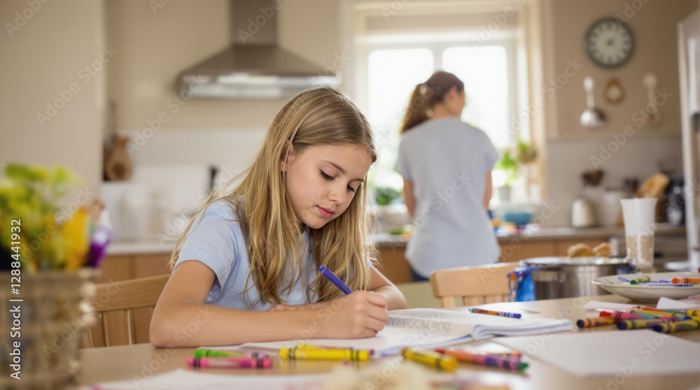 Fototapeta premium A girl is writing in a book with a blue shirt