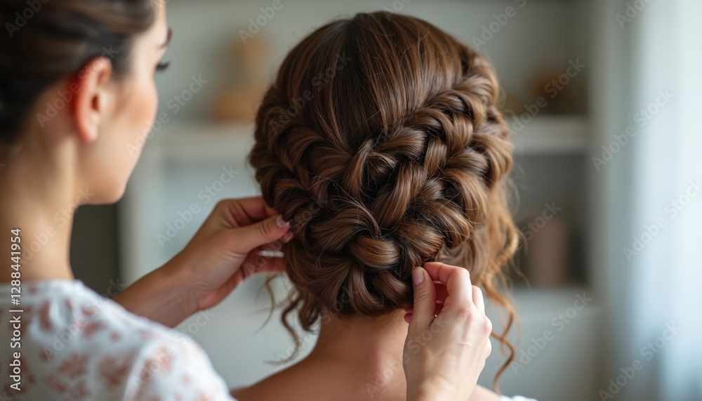 Fototapeta premium Hairdresser braids brunette womans hair into intricate updo coiffure. Preparation for special event. Bridal stylist makes elegant hairstyle for bride at beauty salon. Hairstyling service for brown