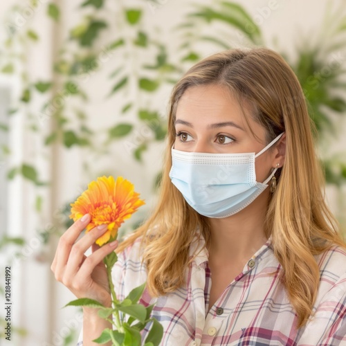 A woman wearing a blue mask holding a yellow flower