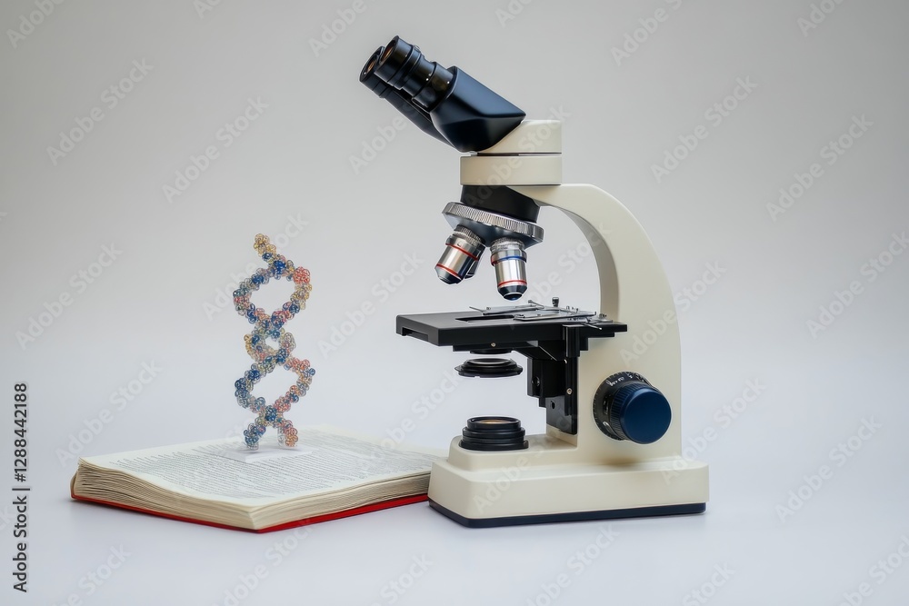DNA Helix Model with Modern Compound Microscope on Book Scientific Research Concept DNA Helix Model with Modern Compound Microscope on Book Scientific Research Concept