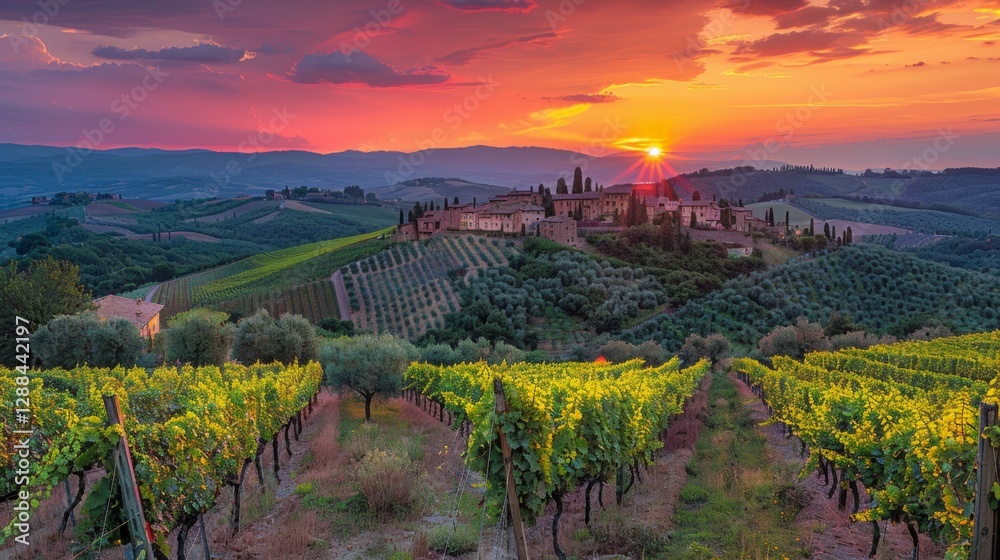 Naklejka premium Beautiful sunset over vineyard landscape.
