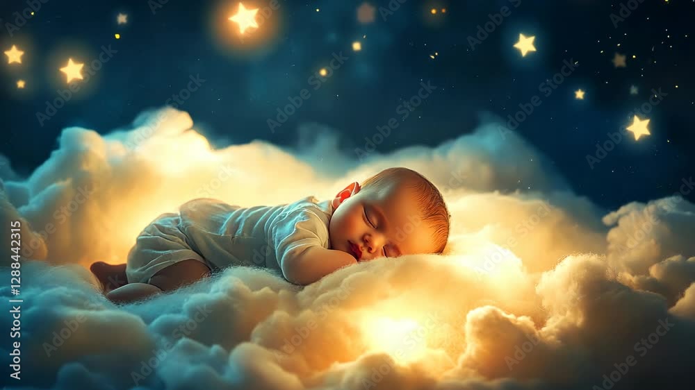 Peaceful baby sleeping on glowing clouds under a dreamy night sky filled with shining stars Peaceful baby sleeping on glowing clouds under a dreamy night sky filled with shining stars