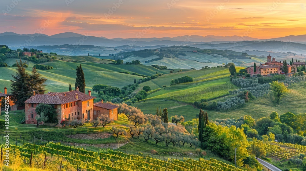 Obraz premium Breathtaking view of rolling hills at sunset.