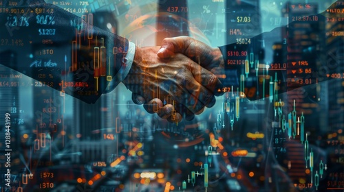 Business handshake with financial background.