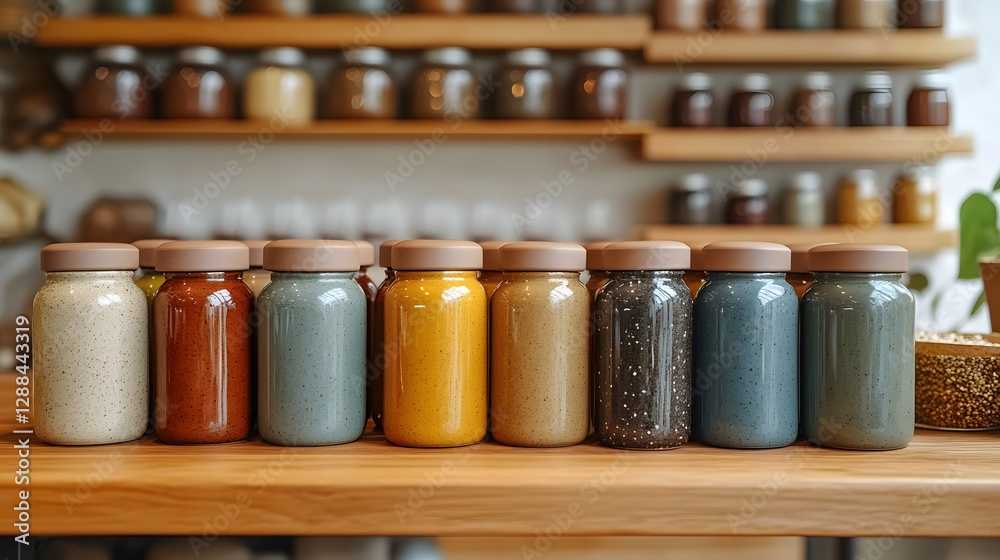 Ceramic spice jars in gradient arrangement, modern pantry organization, matte glaze variation, even diffused light, and muted spice colors, displayed on open shelving. Ceramic spice jars in gradient arrangement, modern pantry organization, matte glaze variation, even diffused light, and muted spice colors, displayed on open shelving.